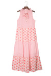 Pink Abstract Print Split Neck Sleeveless Maxi Dress-Dresses-MomFashion