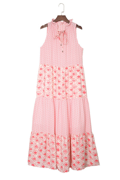 Pink Abstract Print Split Neck Sleeveless Maxi Dress-Dresses-MomFashion