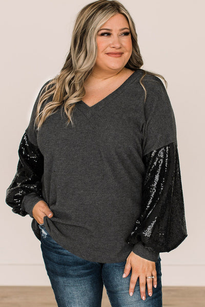 Black Plus Size Sequin Bubble Sleeve V Neck Knit Top-Plus Size-MomFashion