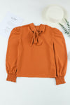 Orange Long Bubble Sleeve Mock Neck Chiffon Blouse-Tops-MomFashion