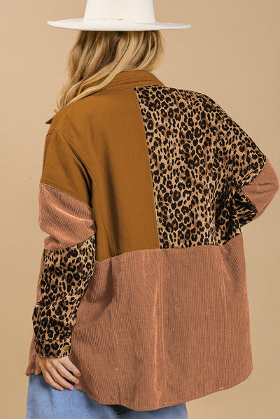 Leopard Patchwork High Low Shirt Jacket-Outerwear-MomFashion