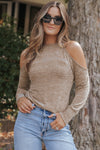 Khaki Marble Knit Cold Shoulder Long Sleeve Top-Tops-MomFashion