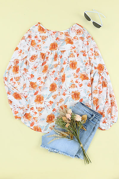 Orange Split V Neck Floral Print Dolman Blouse-Tops-MomFashion