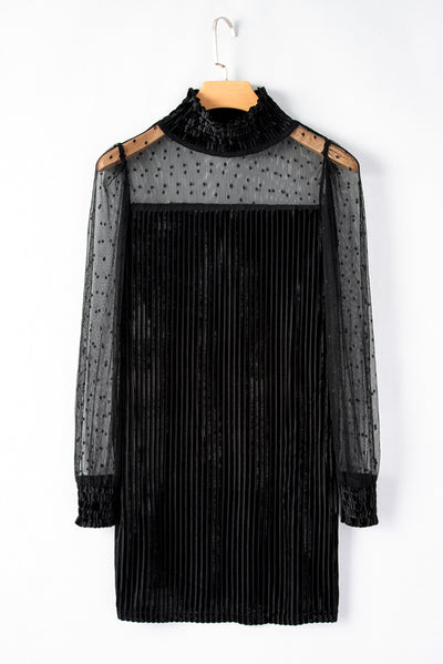 Black Dotted Mesh Striped Frilled Neck Bubble Sleeve Dress-Dresses-MomFashion