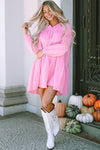 Pink Turn-down Neck Textured Bubble Sleeve Dress-Dresses-MomFashion