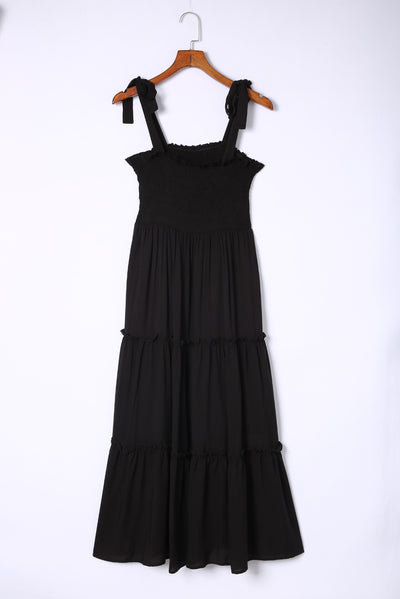 Black Tie Strap Smocked Frill Tiered Midi Dress-Dresses-MomFashion