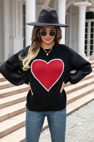 Black Heart Graphic Valentine Sweater-Tops-MomFashion