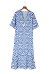 Sky Blue V Neck Casual Geometric Print Maxi Dress-Dresses-MomFashion