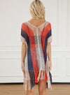 Multicolor Striped Tassel Crochet V Neck Beach Cover Up-Swimwear-MomFashion