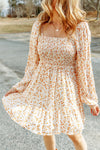 Apricot Boho Floral Smocked Puff Sleeve Mini Dress-Dresses-MomFashion