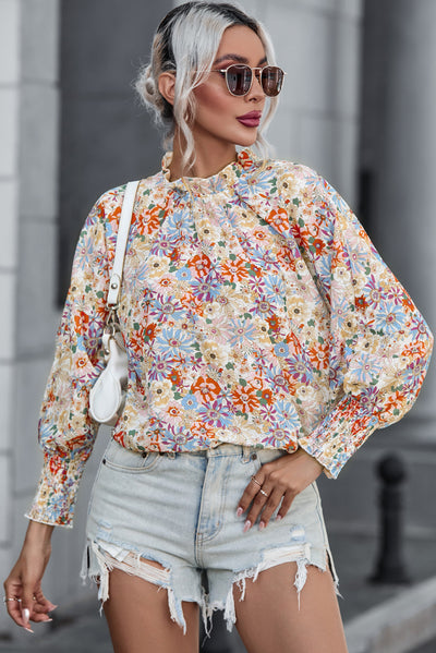 Multicolor Shirred Cuffs Bubble Sleeve Floral Blouse-Tops-MomFashion