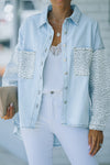 Sky Blue Contrast Leopard Denim Jacket-Outerwear-MomFashion