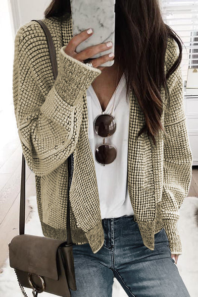 Apricot Plaid Contrast Trim Open Front Cardigan-Tops-MomFashion