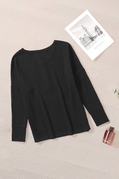 Black Waffle Knit Henley Top-Tops-MomFashion