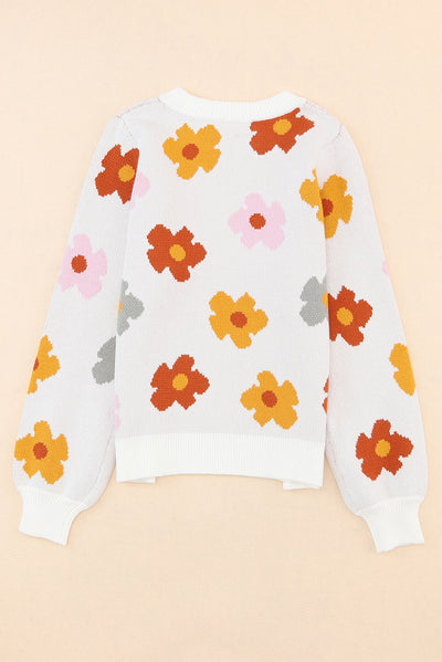 White Sweet Flower Knitted Ribbed Hem Sweater-Tops-MomFashion