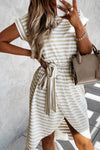 Khaki Stripe Short Sleeve Belted Wrapped Hemline T-Shirt Dress-Dresses-MomFashion