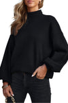 Black Turtleneck Drop Shoulder Bubble Sleeve Knit Sweater-Tops-MomFashion