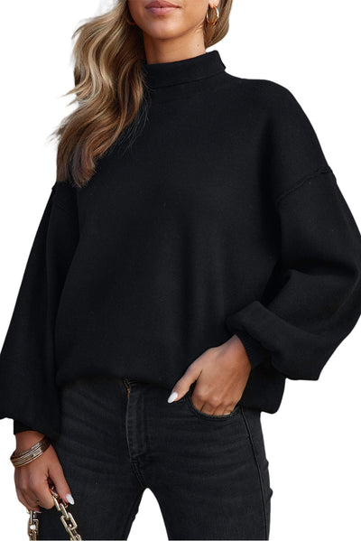 Black Turtleneck Drop Shoulder Bubble Sleeve Knit Sweater-Tops-MomFashion