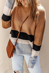 Brown Color Block Striped Ribbed Knit Sweater-Tops-MomFashion