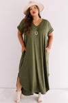 Green Plus Size V Neck Rolled Cuffs Maxi Dress-Plus Size-MomFashion