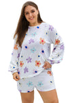 White Plus Size Flower Print Raglan Pullover and Shorts Outfit-Plus Size-MomFashion