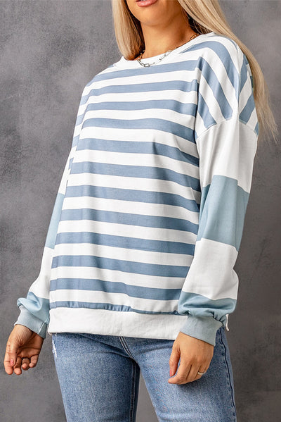 Stripe Drop Shoulder Striped Pullover Sweatshirt-Tops-MomFashion