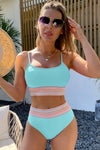 Sky Blue Striped Patchwork Spaghetti Strap High Waist Bikini Swimsuit-Swimwear-MomFashion