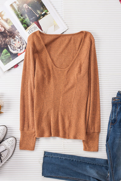 Brown U Neck Textured Long Sleeve Top-Tops-MomFashion