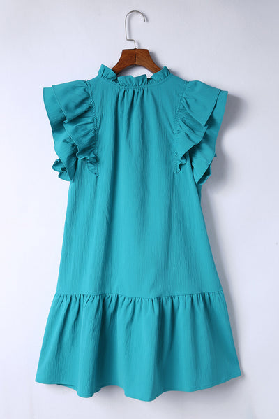 Green Tiered Ruffled Sleeves Mini Dress with Pockets-Dresses-MomFashion