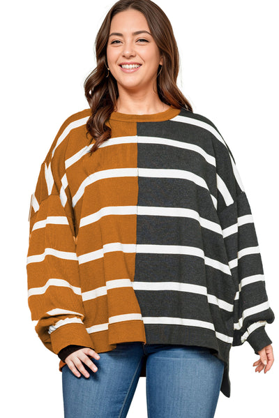 Plus Size Colorblock Striped Patchwork Loose Sweater-Plus Size-MomFashion
