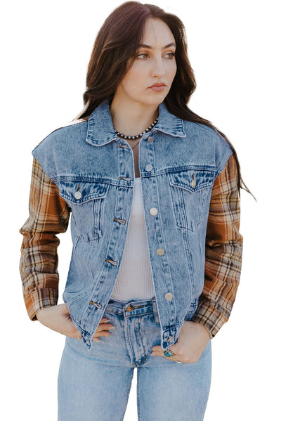 Sky Blue Medium Wash Plaid Sleeves Denim Jacket-Outerwear-MomFashion