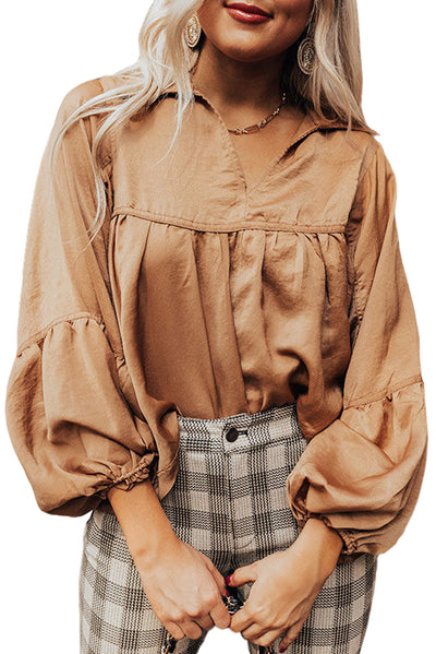 Brown Puff Sleeve Collared Pleated Babydoll Blouse-Tops-MomFashion