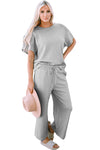 Gray Textured Loose Fit T Shirt and Drawstring Pants Set-Loungewear-MomFashion