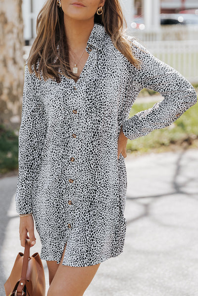 Long Sleeve Leopard Animal Print Shirt Dress-Dresses-MomFashion