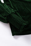 Blackish Green Mock Neck Puff Sleeve Velvet Blouse-Tops-MomFashion