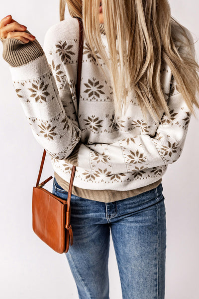 White Christmas Snowflake High Neck Knit Sweater-Tops-MomFashion