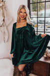 Green Tie Back Square Neck Velvet Babydoll Dress-Dresses-MomFashion