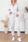 Gray Solid Half Zipped Drawstring High Waist Lounge Set-Loungewear-MomFashion