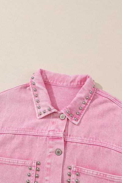 Pink Rivet Studded Pocketed Denim Jacket-Outerwear-MomFashion