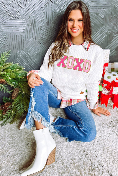 White XOXO Glitter Chenille Cable Knit Pullover Sweatshirt-Tops-MomFashion