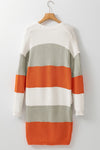 Orange Striped Color Block Drop Shoulder Midi Cardigan-Tops-MomFashion