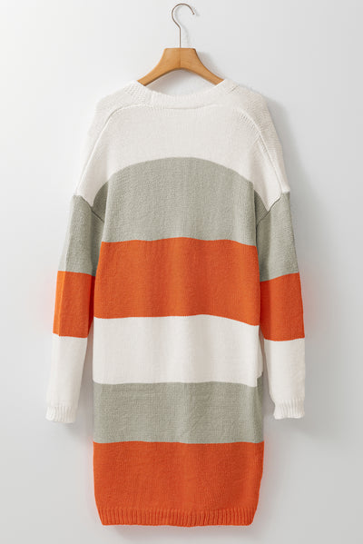 Orange Striped Color Block Drop Shoulder Midi Cardigan-Tops-MomFashion