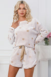 White Plush Star Pattern Long Sleeve Pullover and Shorts Lounge Set-Loungewear-MomFashion