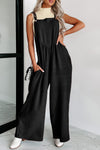 Black Textured Buttoned Straps Ruched Wide Leg Jumpsuit-Bottoms-MomFashion