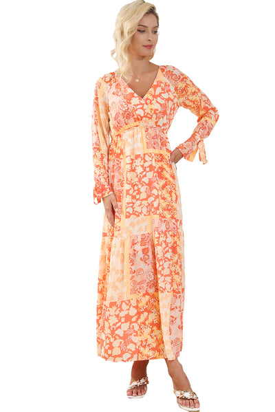 Orange Boho Floral Wrap V Neck Tie Long Sleeve Dress-Dresses-MomFashion