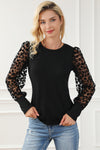 Black Leopard Mesh Puff Sleeve Patchwork Slim Fit Top-Tops-MomFashion