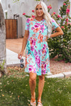 Sky Blue Short Sleeve High Waist Floral T-shirt Dress-Dresses-MomFashion