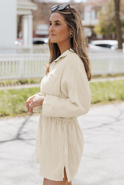 Beige Button Pockets Drawstring Waist Dress-Dresses-MomFashion