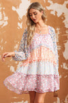 Sky Blue Floral Colorblock Tiered Puff Sleeve Dress-Dresses-MomFashion