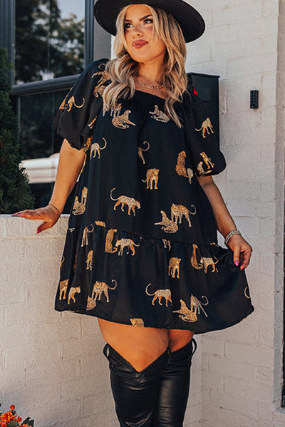 Black Plus Size Cheetah Print Puff Sleeve Ruffle Mini Dress-Plus Size-MomFashion